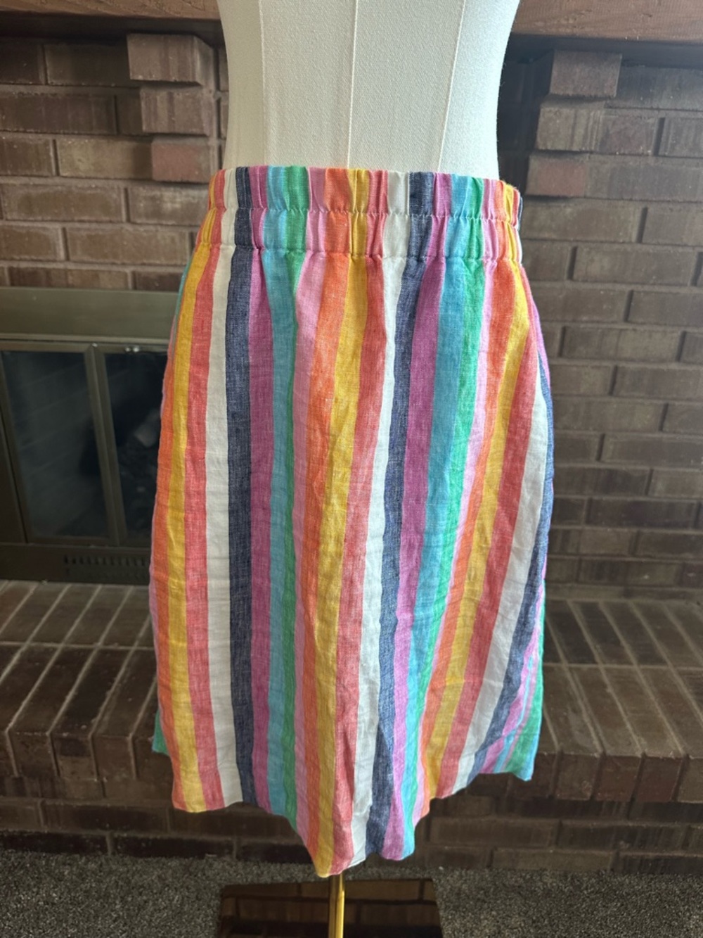 J.Crew Linen Rainbow Stripe Mini Skirt Pockets Elastic Waist Coastal Bright M - Picture 2 of 5